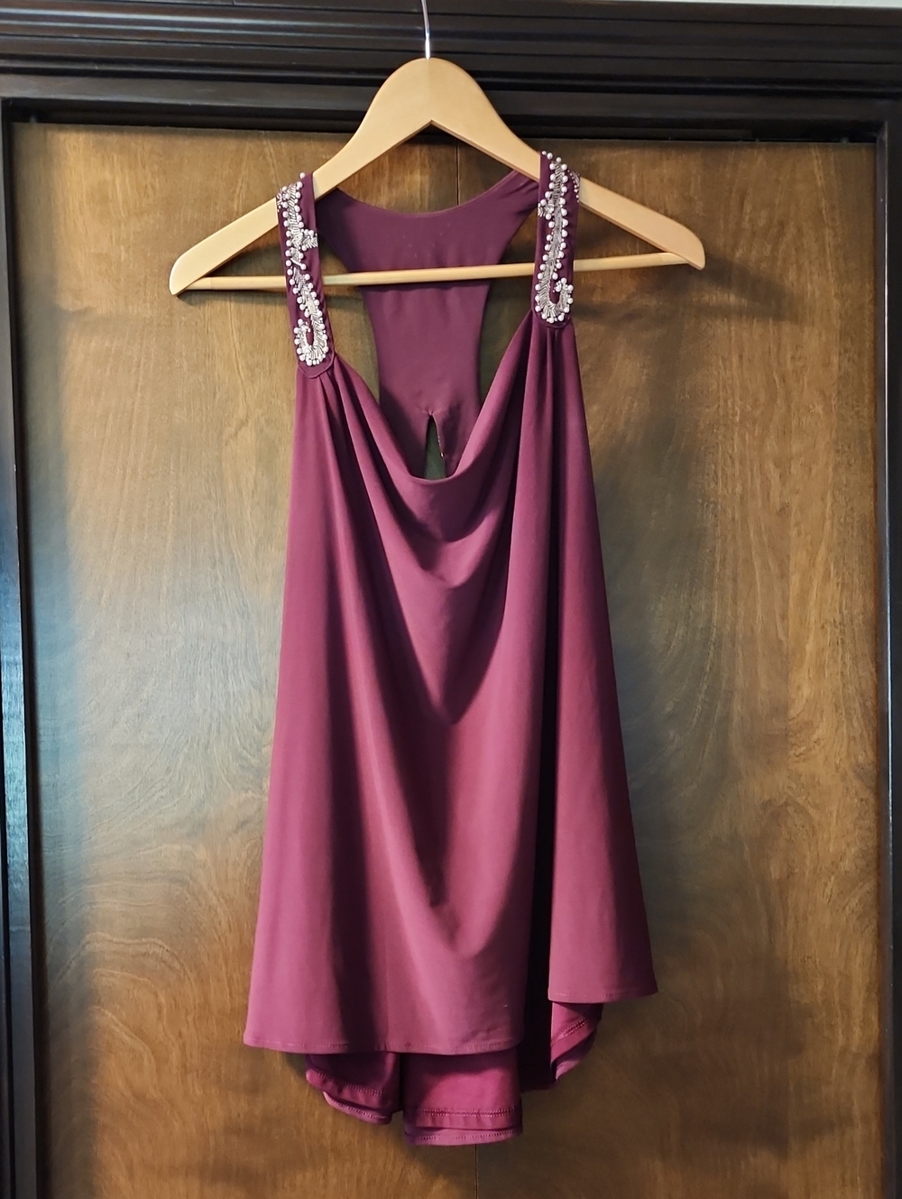 White House Black Market Burgundy High-Low Top with Jeweled Straps